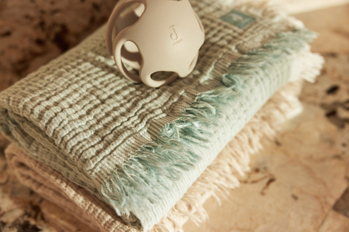 Deken Wieg 75x100cm Fringe Stripe - Sea Green/Ivory - GOTS
